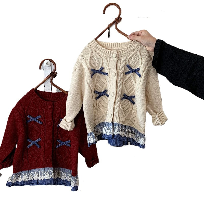 （In Production）Girls Fall&Winter Knitted Lace Ruffle Cardigan