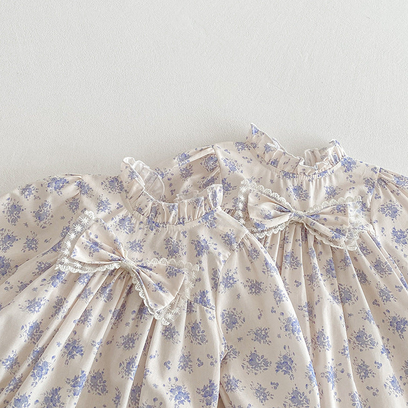（In Production）Sisters Fall Floral Print Ruffle Dress&Romper