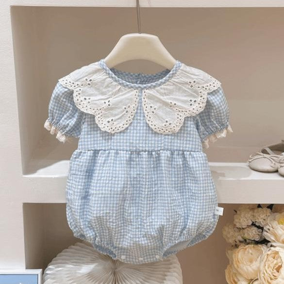 （In Production）Toddler Girls Spring&Summer Cotton Blue Plaid Romper