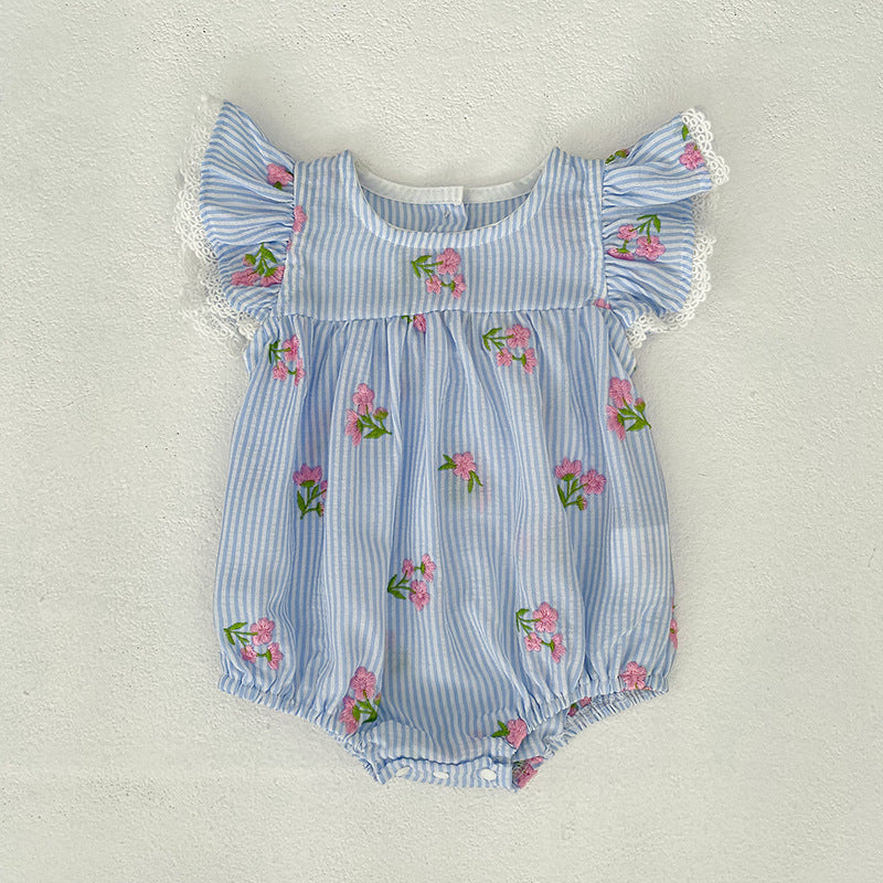 （In Production）Sisters Summer Floral Embroidery Flying Sleeves Dress&Romper