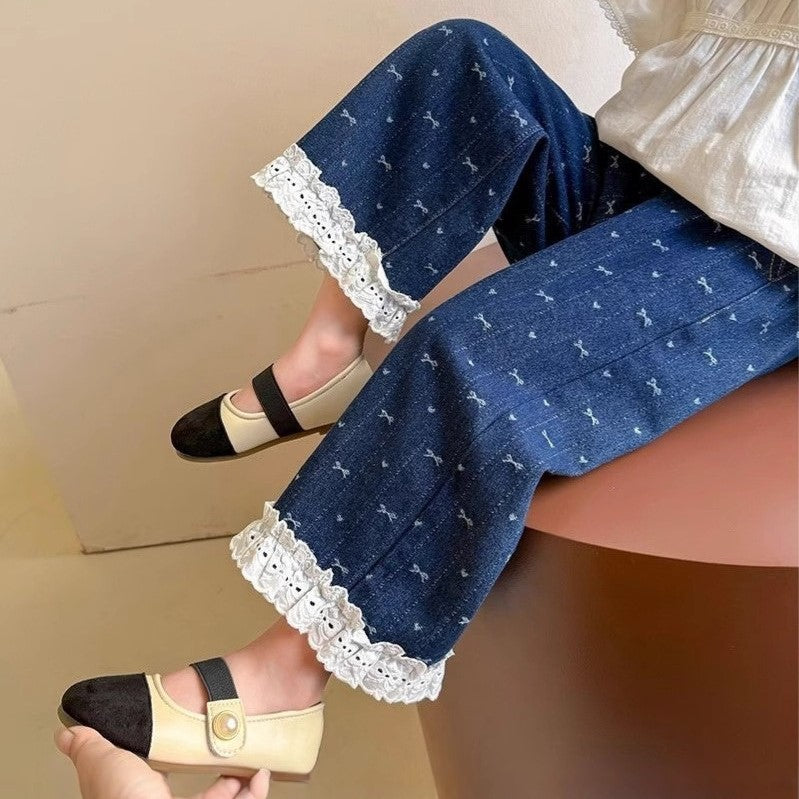 （In Production）Girls Spring&Summer Bow Print Lace Jeans