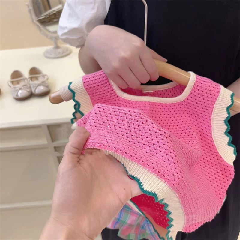 （In Production）Girls Spring&Summer Knitted Scallop Vest Plaid Shorts Set