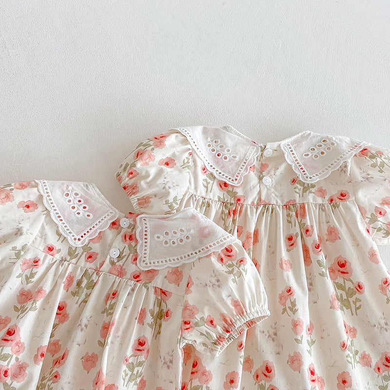 （In Production）Sisters Spring&Summer Coral Floral Print Dress,Romper