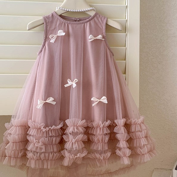 （In Production）Girls Spring&Summer Smoke Pink Bow Mesh Dress