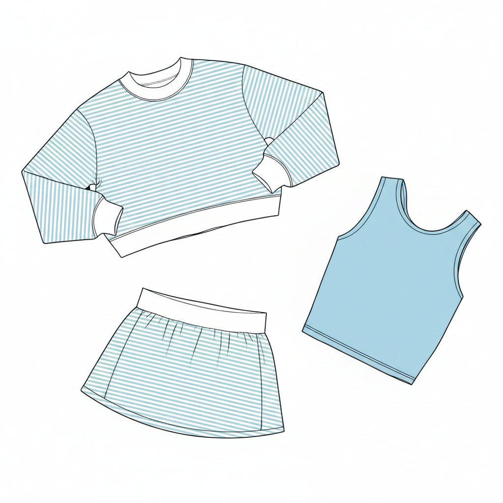 （In Production）Girls Spring&Summer Stripe Yoga Skirt Set-3 PCS