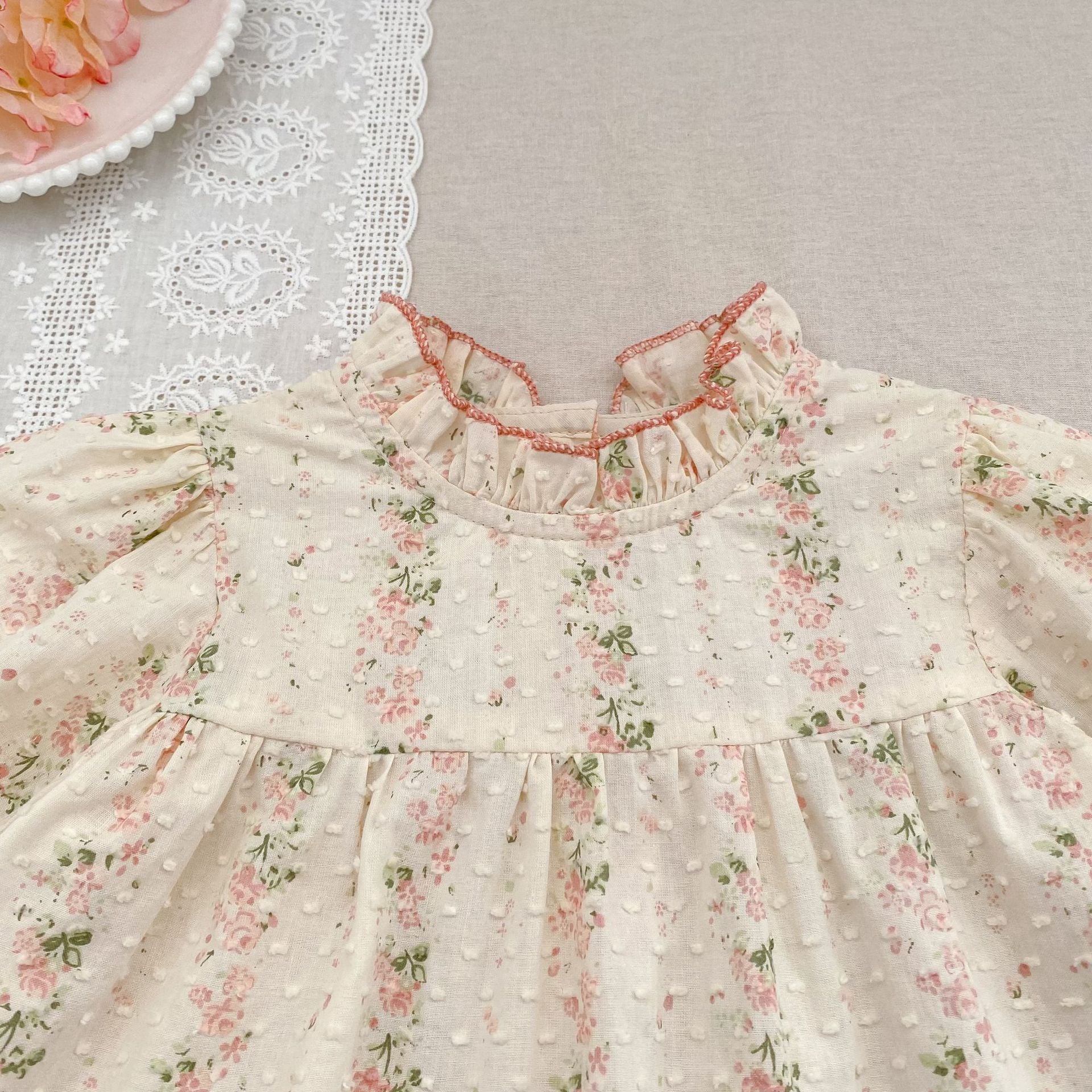 （In Production）Toddler Girls Spring&Summer Floral Print Swiss Dot Bloomer Set