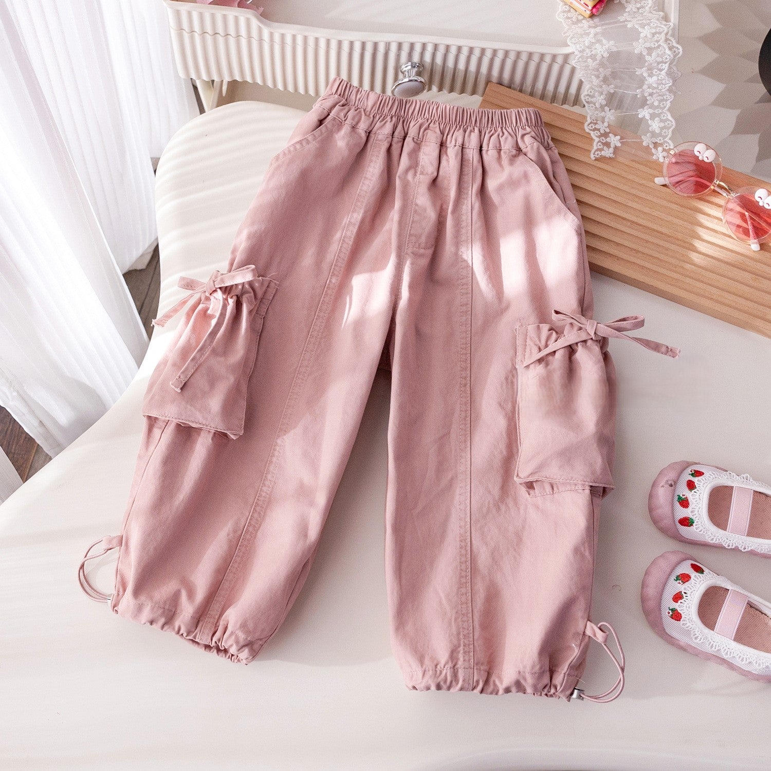 （In Production）Girls Spring Pink Multi-pocket Cargo Pants
