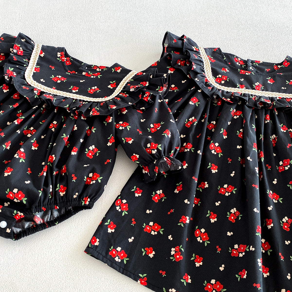 （Pre Order 2 Weeks）Sisters Fall Floral Print Ruffle Dress&Romper