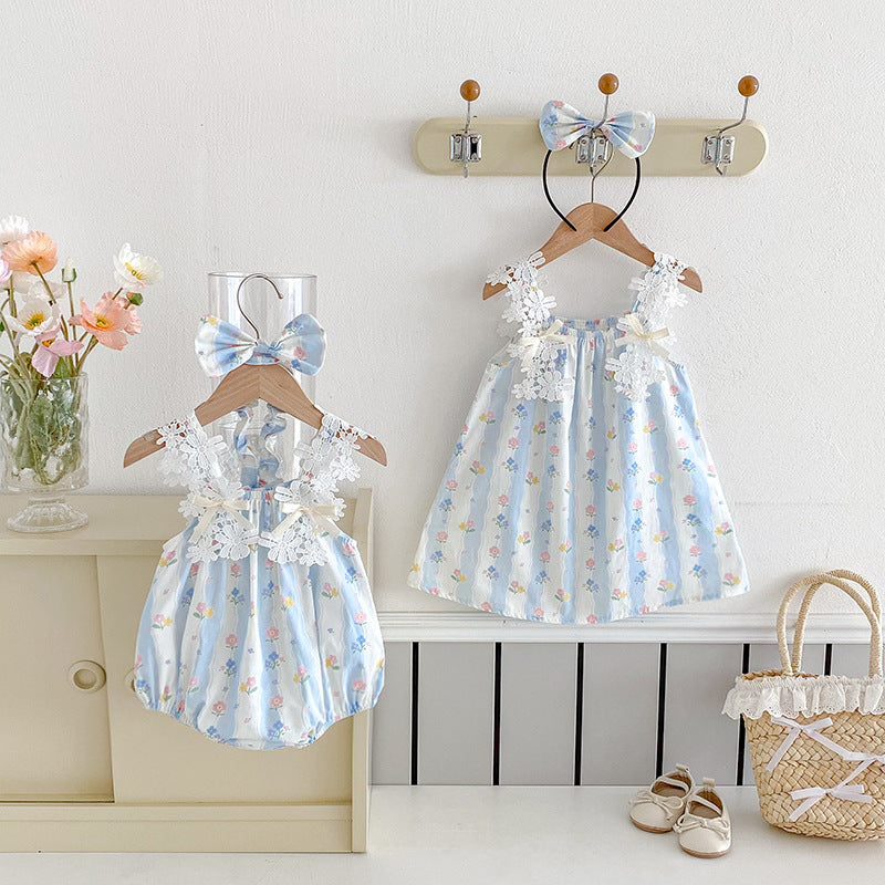 （In Production）Sisters Spring&Summer Floral Print Lace Slip Dress,Romper