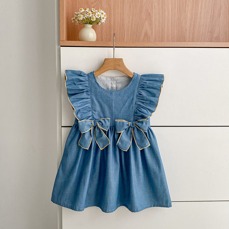 （In Production）Sisters Spring&Summer Bow Denim Ruffle Dress,Romper