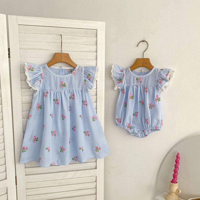 （In Production）Sisters Summer Floral Embroidery Flying Sleeves Dress&Romper