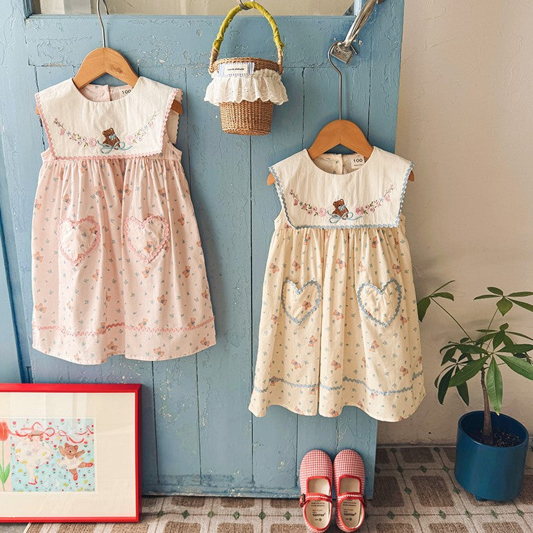 （In Production）Girls Spring&Summer Bear Embroidery Dress