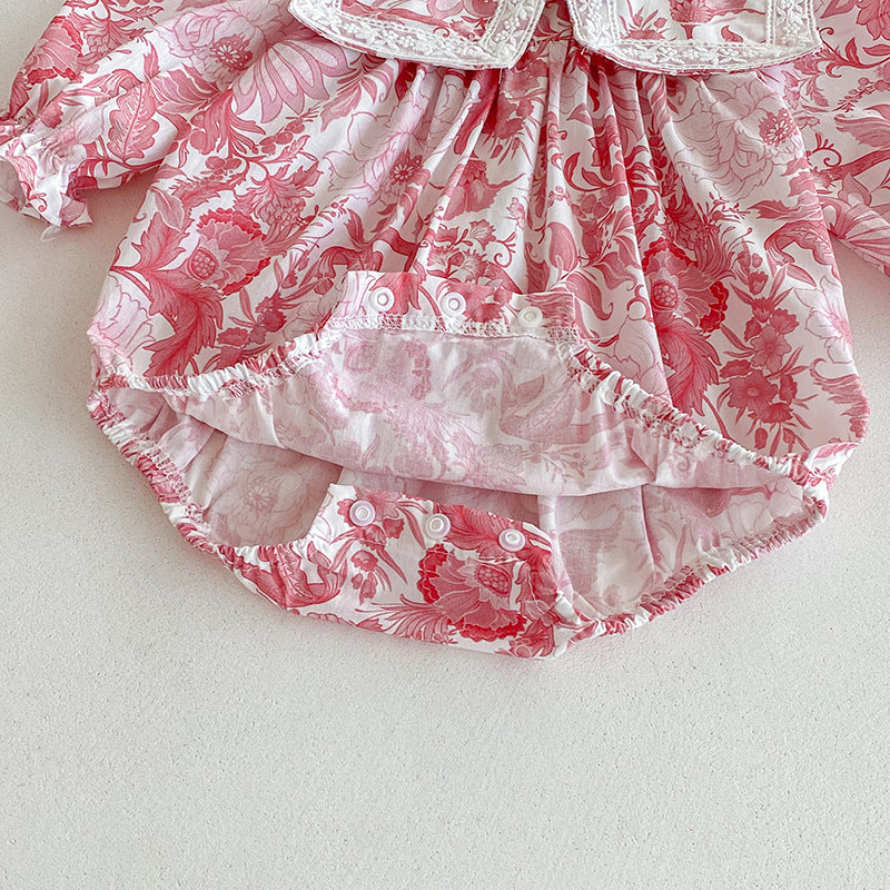（Pre Order 2 Weeks）Sisters Fall Pink Floral Print Collar Dress&Romper