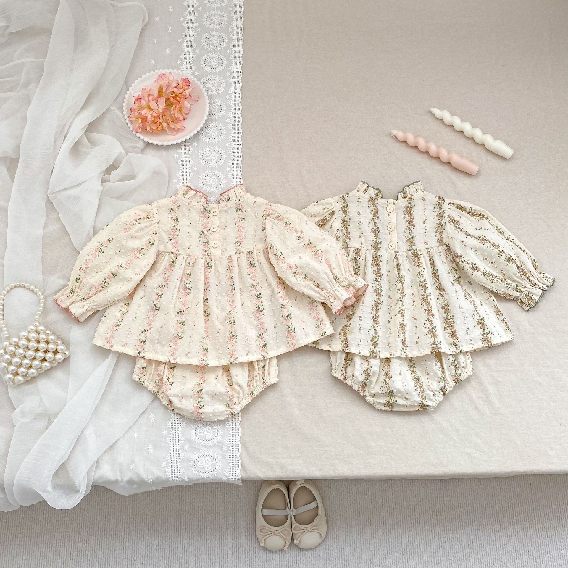 （In Production）Toddler Girls Spring&Summer Floral Print Swiss Dot Bloomer Set