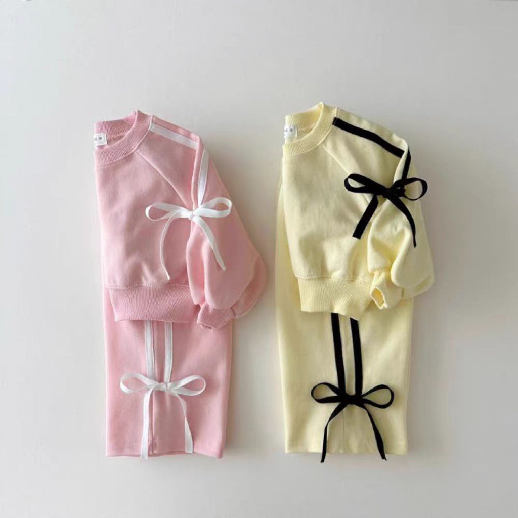 （In Production）Girls Fall&Winter Solid Color Bow Sports Suit