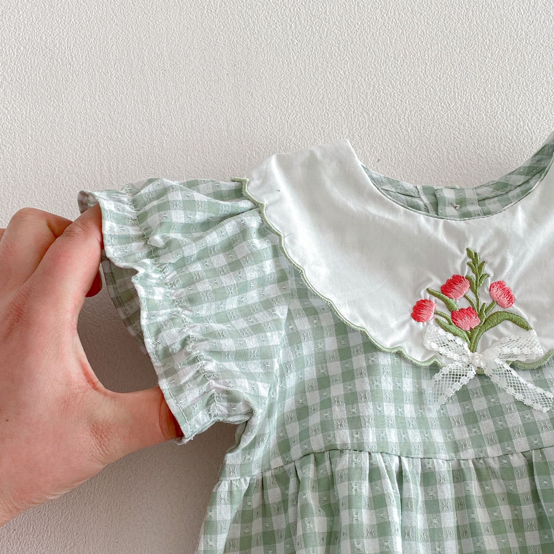 （In Production）Sisters Summer Floral Embroidery Scallop Collar Dress&Romper