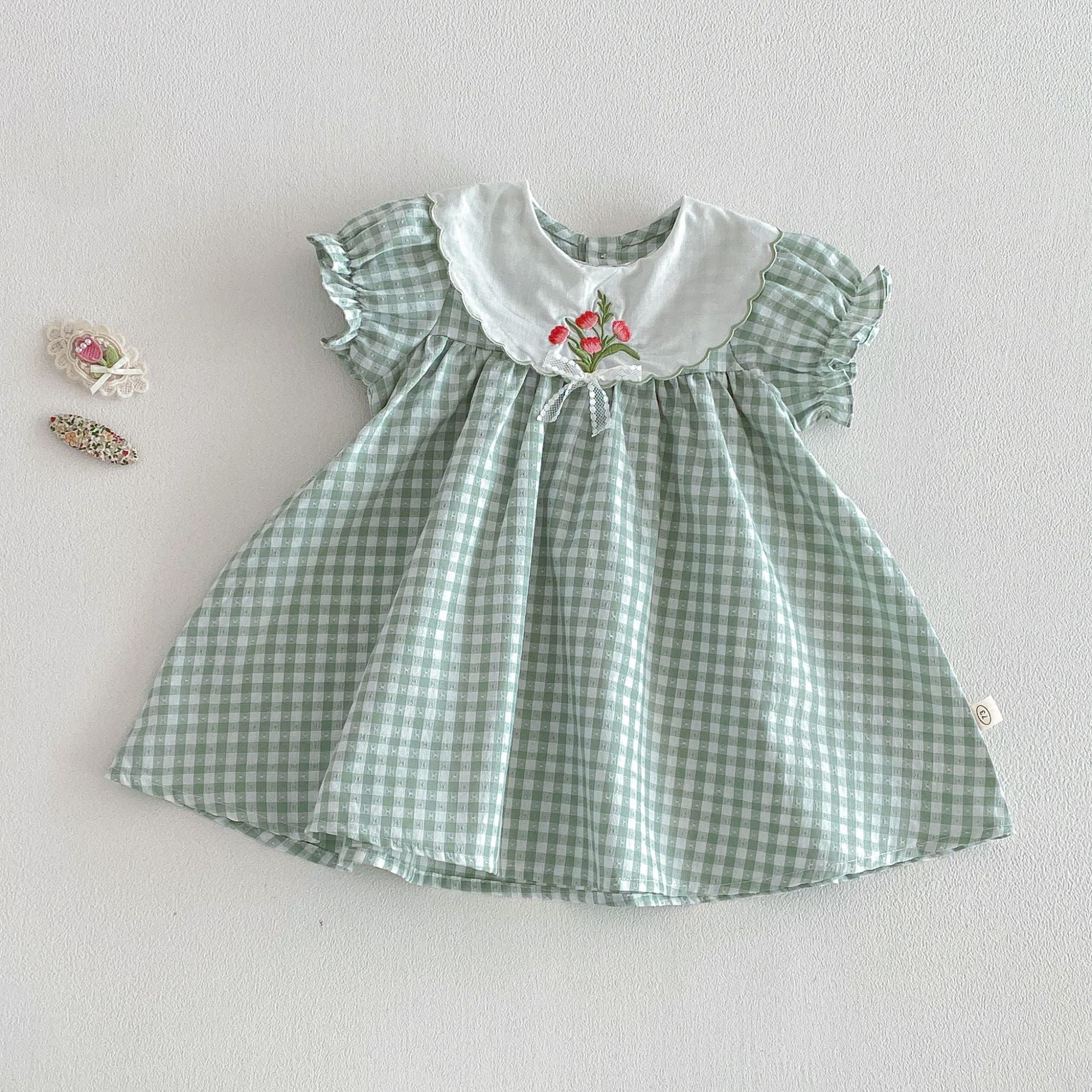 （In Production）Sisters Summer Floral Embroidery Scallop Collar Dress&Romper