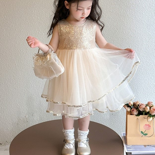 （In Production）Girls Spring&Summer Champagne Sequin Tulle Dress
