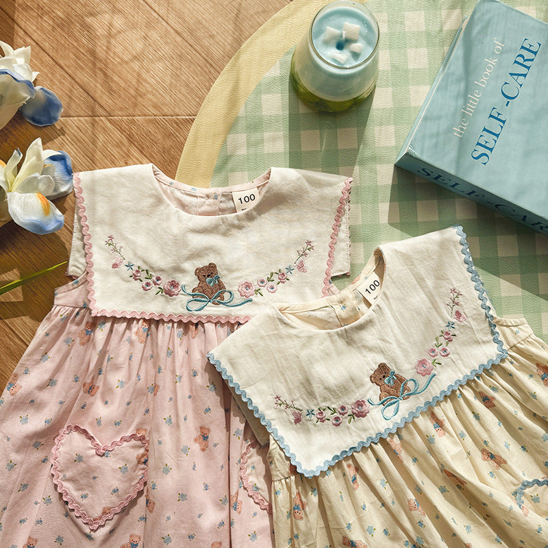 （In Production）Girls Spring&Summer Bear Embroidery Dress