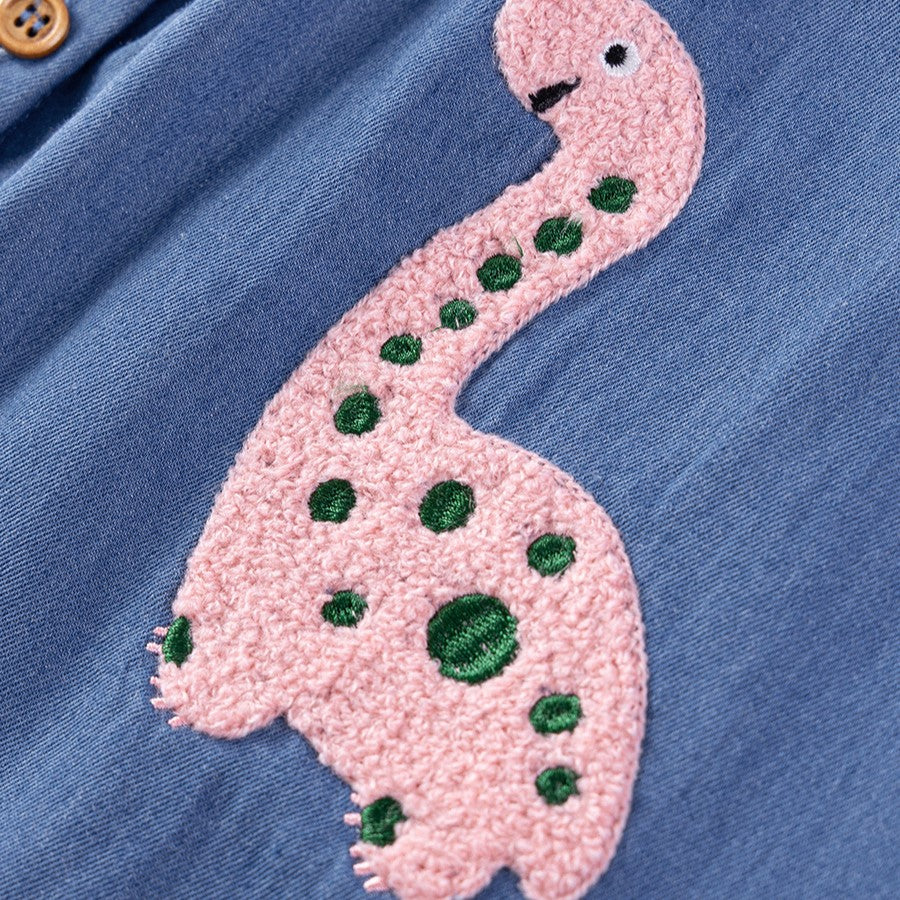 （In Production）Girls Spring&Summer Dino Chenille Patches Denim Dress