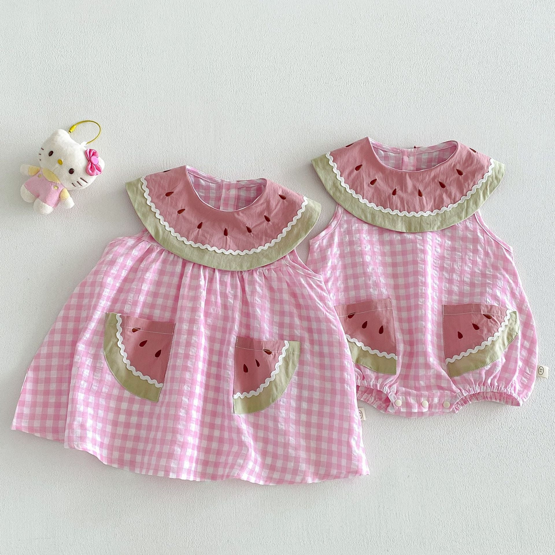 （In Production）Sisters Summer Watermelon Embroidery Scallop Dress&Romper with Pockets