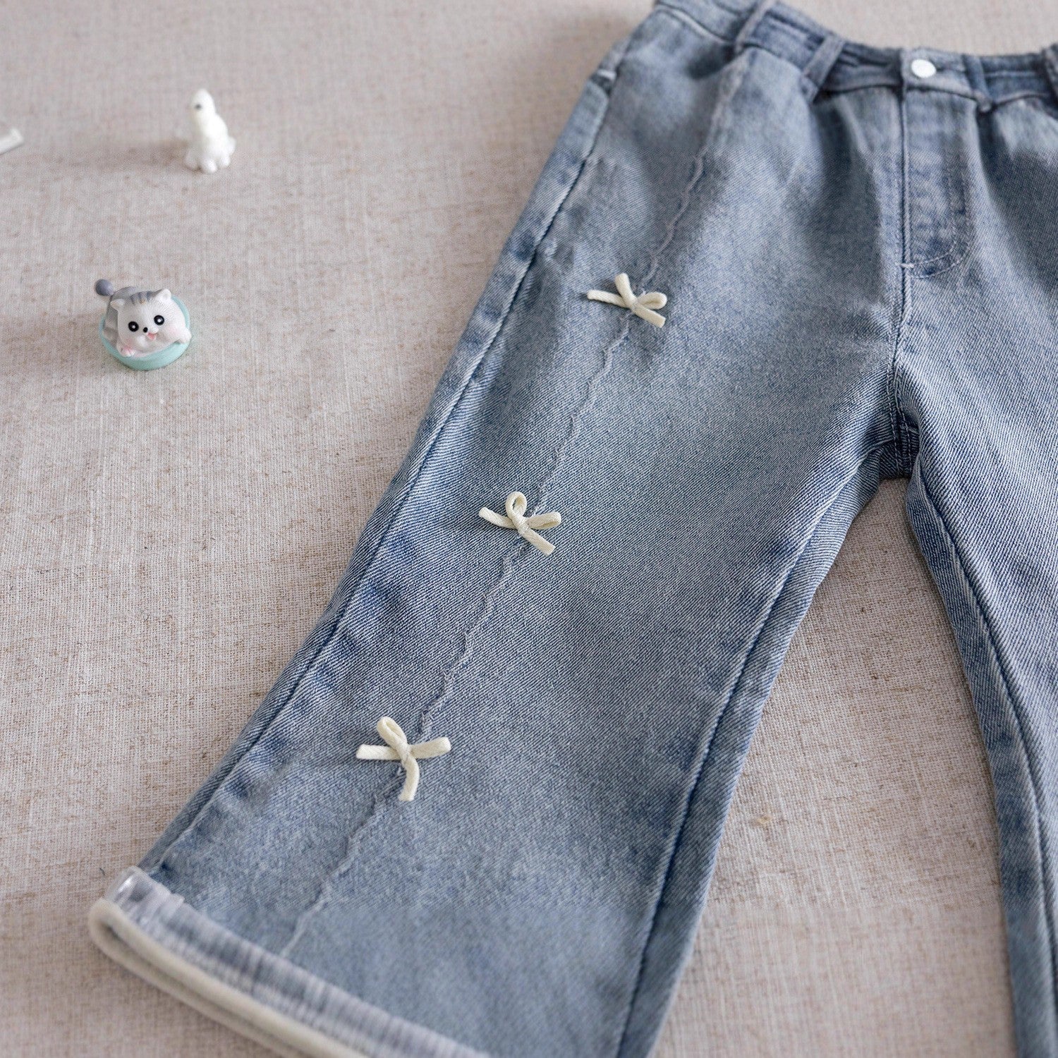 （In Production）Girls Spring&Summer Bow Lace Denim Flared Pants