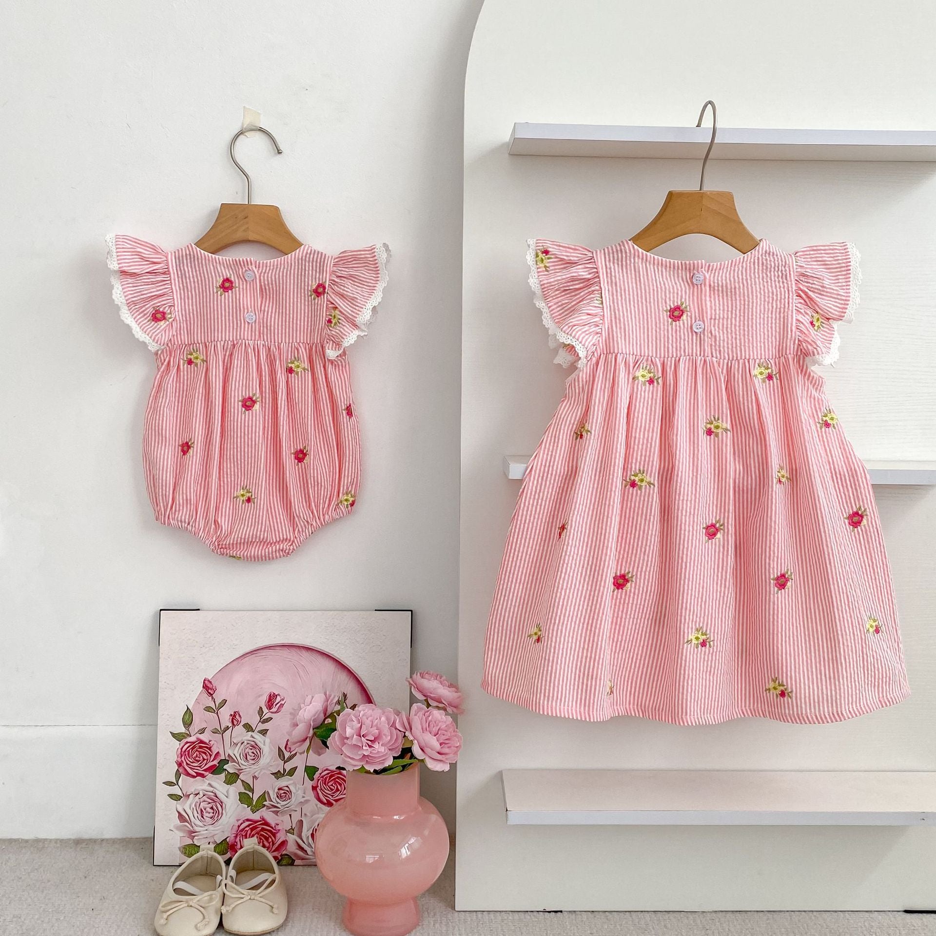 （In Production）Sisters Summer Floral Embroidery Flying Sleeves Dress&Romper