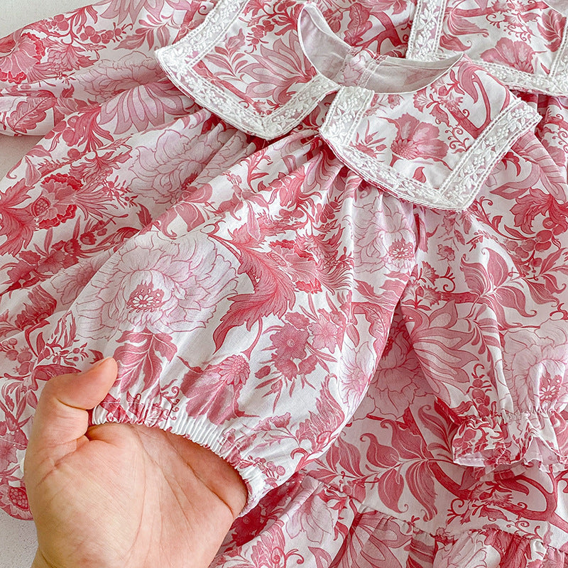 （Pre Order 2 Weeks）Sisters Fall Pink Floral Print Collar Dress&Romper