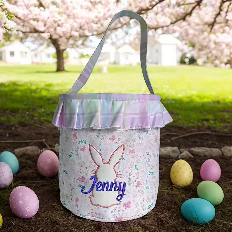 （Pre Order）Personalized Easter Bunny Basket with Name Embroidery - Customizable Fabric Tote for Kids