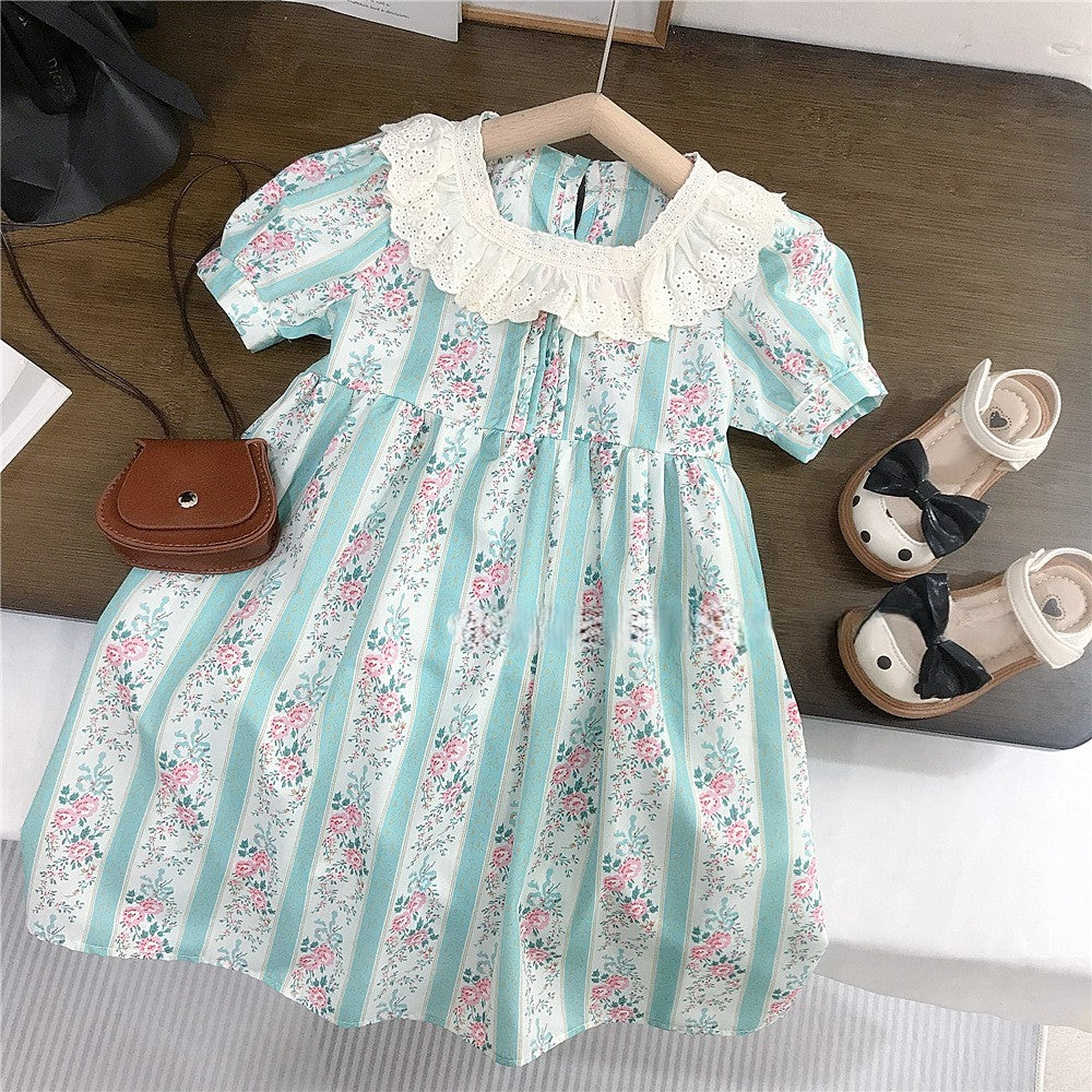（In Production）Girls Spring&Summer Floral Print Lace Ruffle Dress