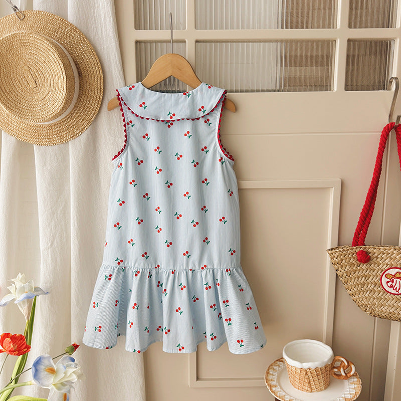 （In Production）Girls Spring&Summer Cherry Print Sleeveless Dress