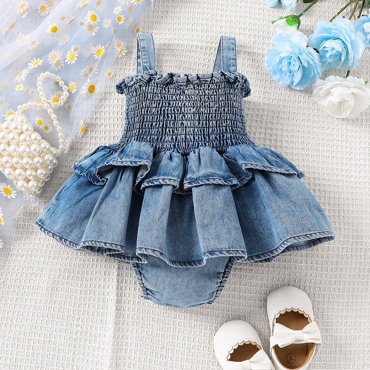 （In Production）Toddler Girls Spring&Summer Denim Smocked Romper