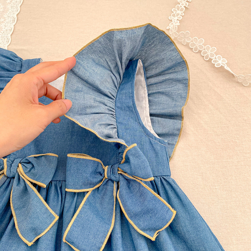 （In Production）Sisters Spring&Summer Bow Denim Ruffle Dress,Romper