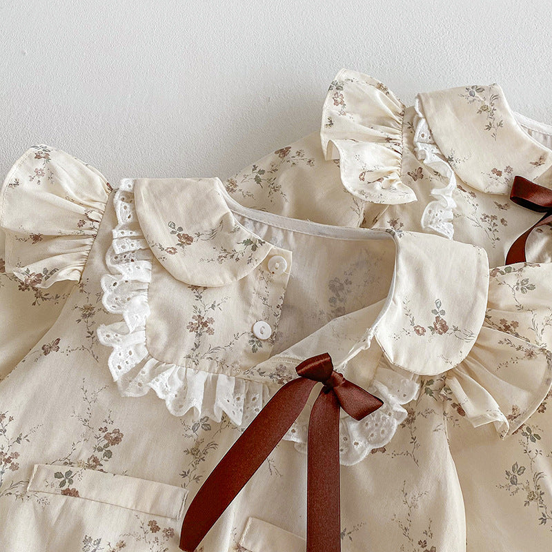 （In Production）Sisters Fall Floral Print Bow Ruffle Dress&Romper
