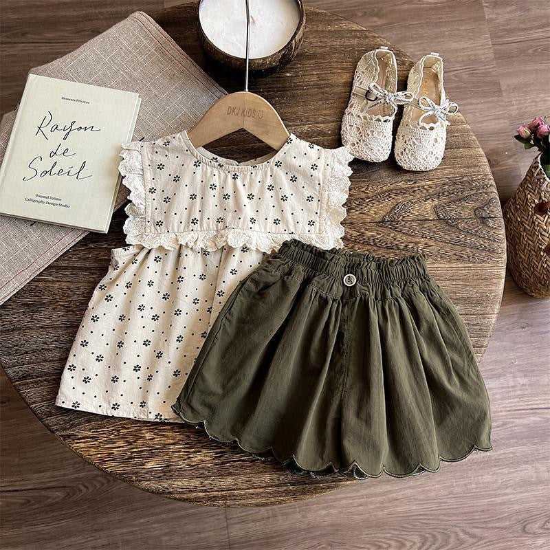 （In Production）Girls Spring&Summer Ruffle Scallop Embroidery Shorts Set