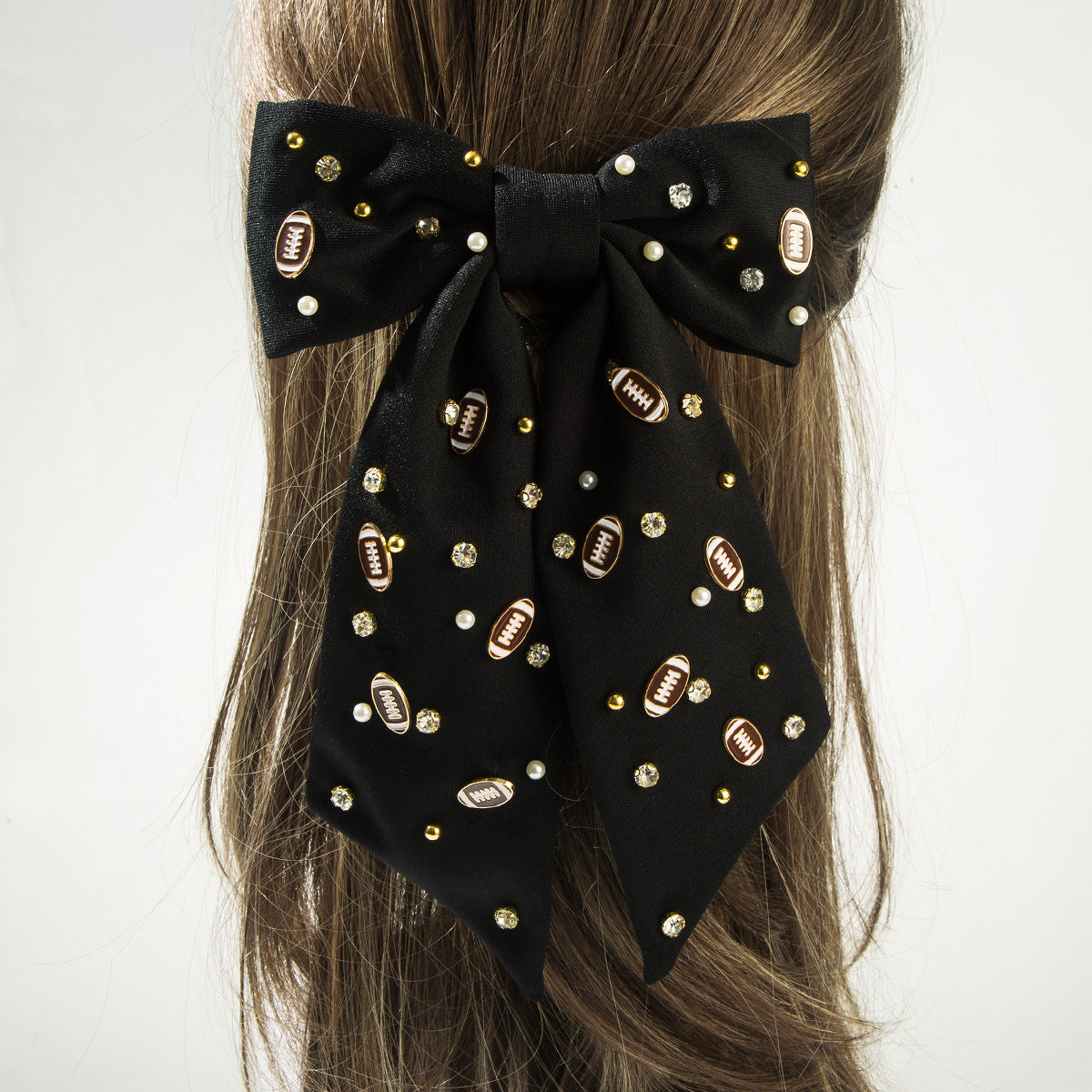 （Pre Order）Football Pearl Rhinestone Hair Bow