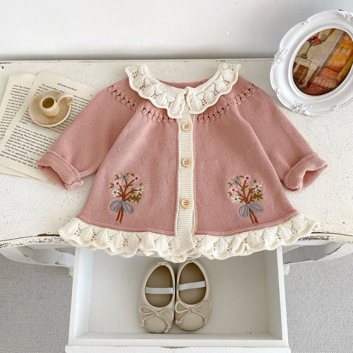 （Pre Order 2 Weeks）Girls Fall Floral Embroidery Sweater Cardigan