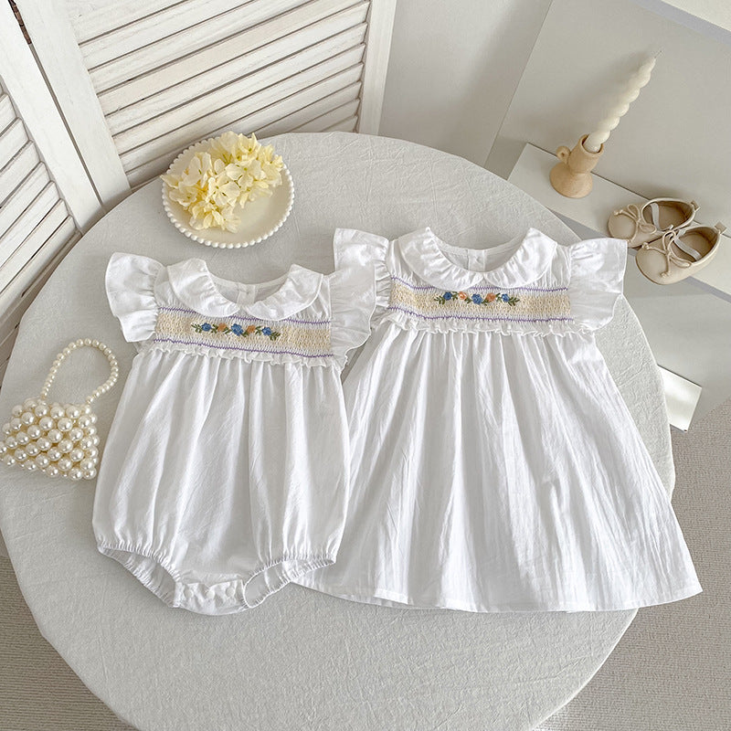 （In Production）Sisters Summer Floral Embroidery Smocked Dress&Romper