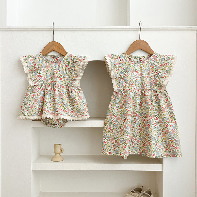 （In Production）Sisters Summer Floral Print Lace Dress&Romper