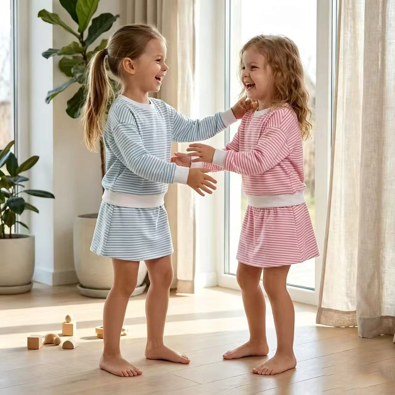 （In Production）Girls Spring&Summer Stripe Yoga Skirt Set-3 PCS