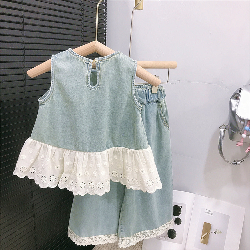 （In Production）Girls Spring&Summer Denim Lace Ruffle Outfit Set