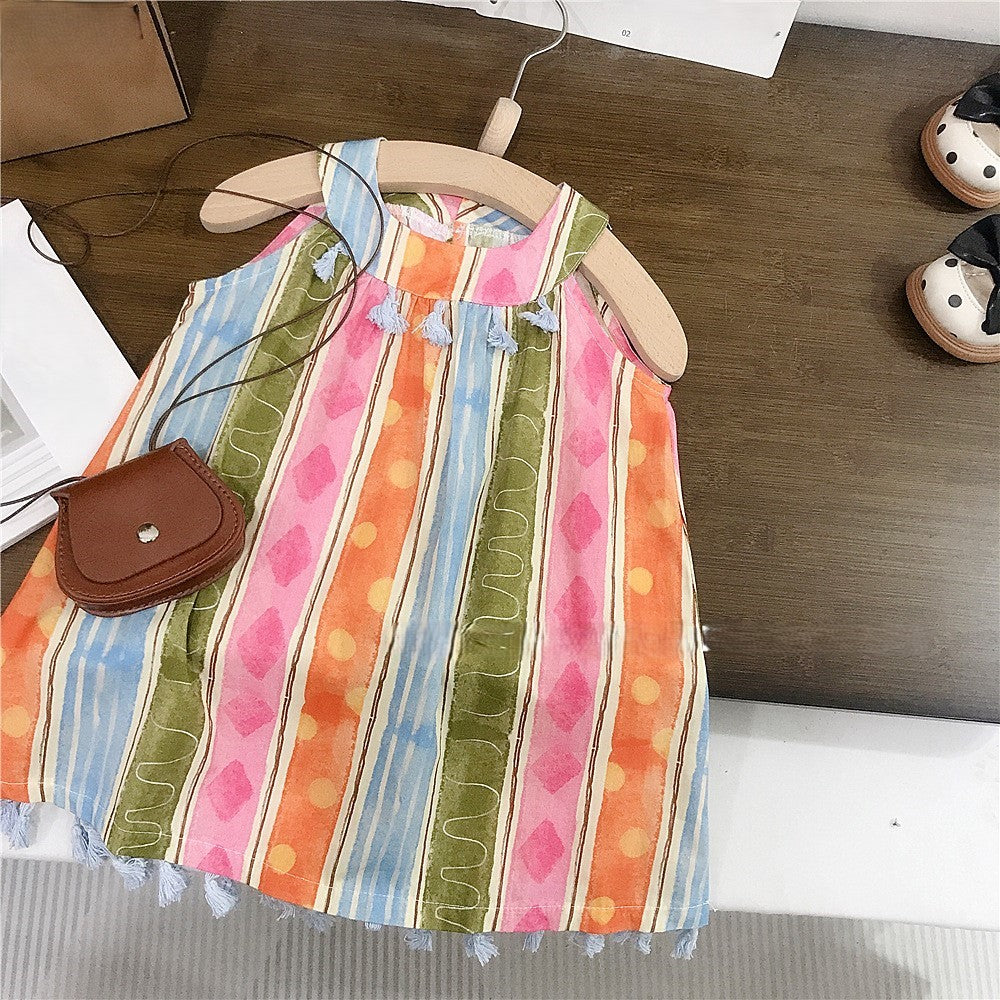 （In Production）Girls Spring&Summer Striped Fringed Dress