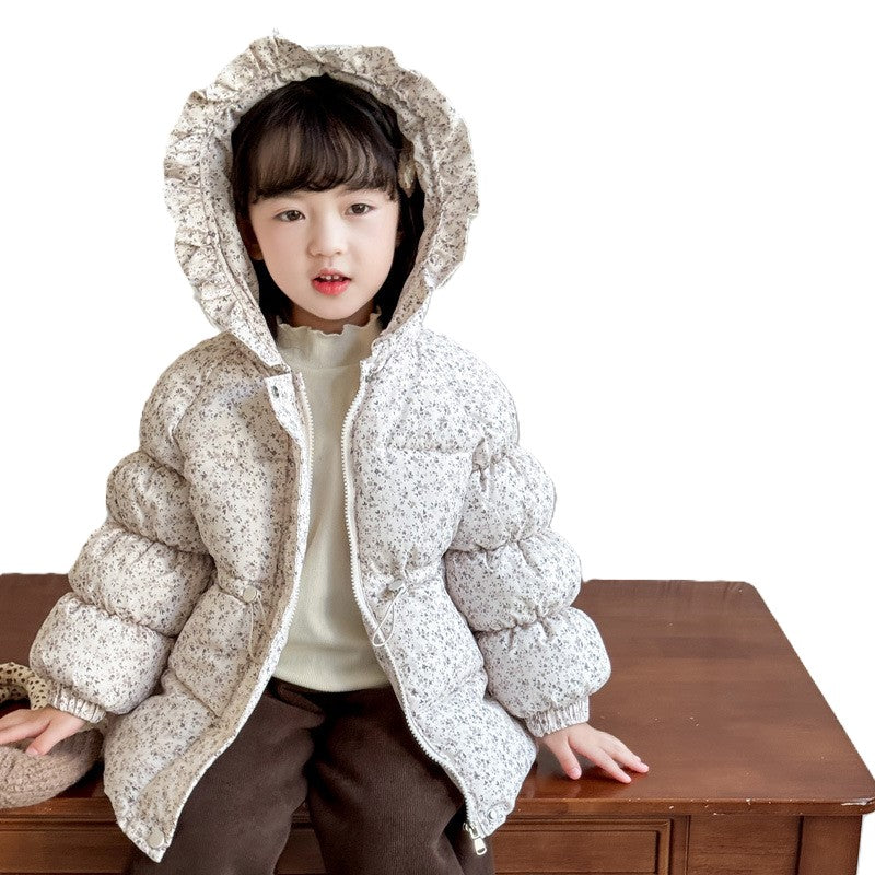 （In Production）Girls Fall&Winter Floral Print Coat with Hat