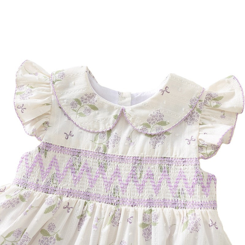 （In Production）One Pack(5 Pieces total)Sale Girls Lavender Floral Smocked Dress