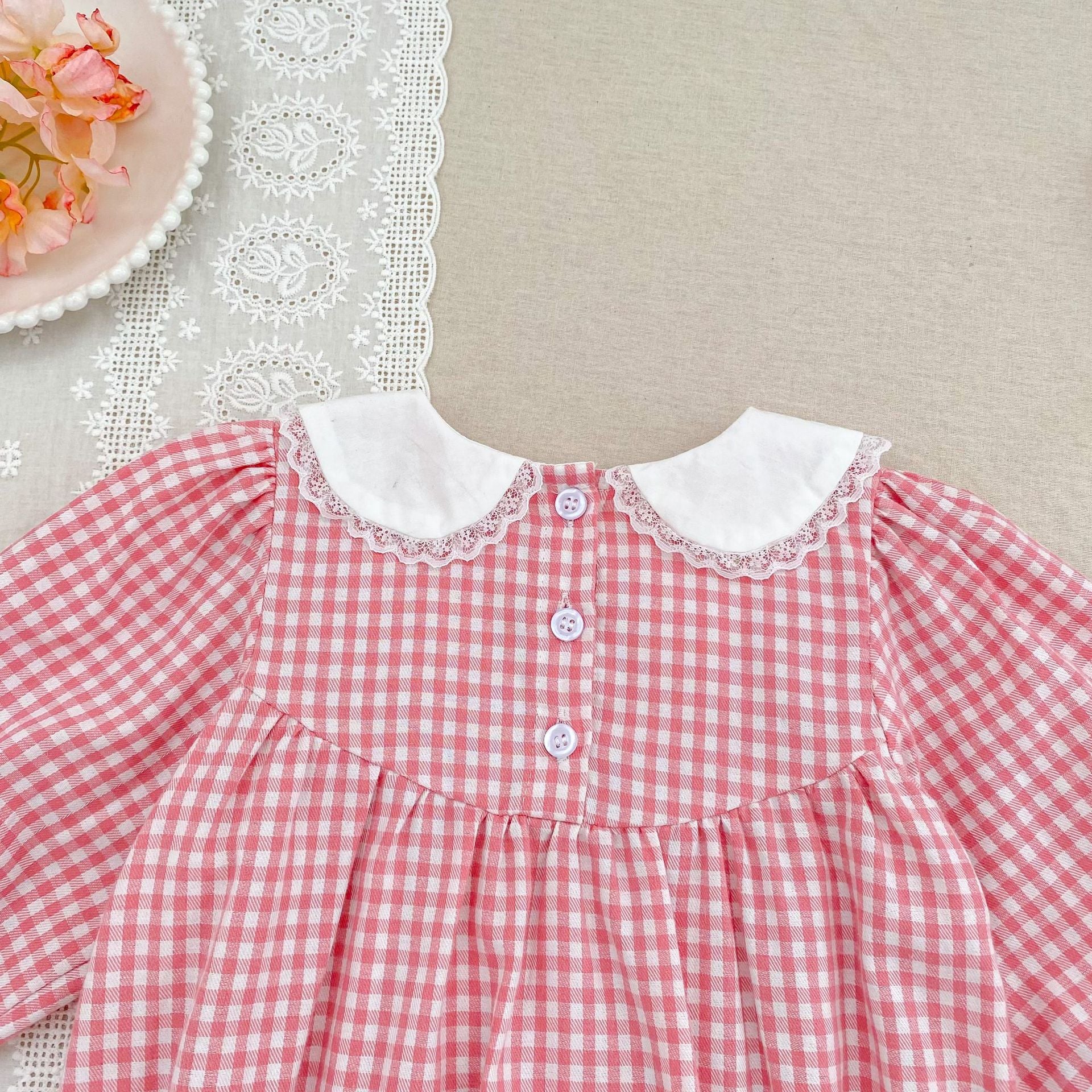 （Pre Order 2 Weeks）Sisters Fall Floral Embroidery Lace Pink Plaid Dress&Romper