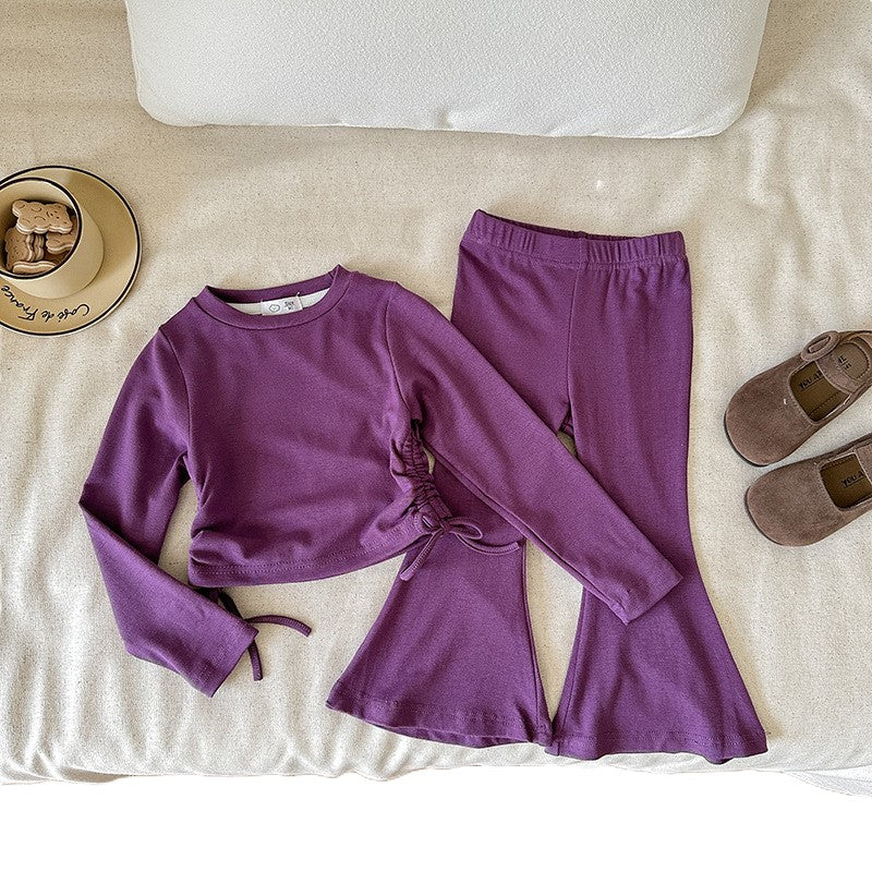 （In Production）Girls Fall&Winter Solid Color Top Flare Pants Set