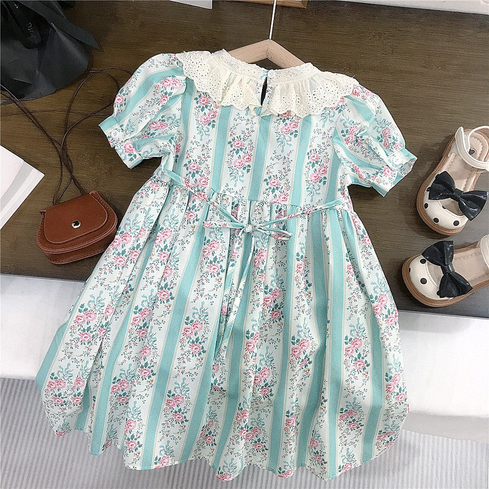 （In Production）Girls Spring&Summer Floral Print Lace Ruffle Dress