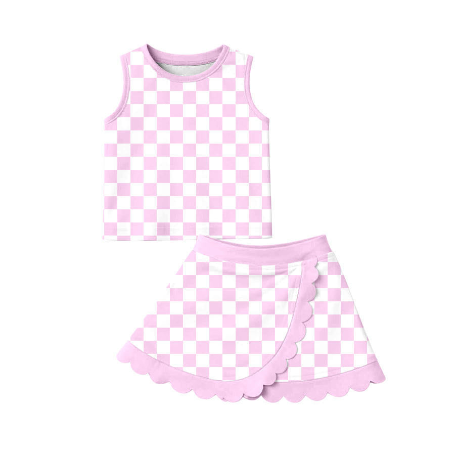 （In Production）Girls Spring&Summer Plaid Yoga Scallop Skort Set
