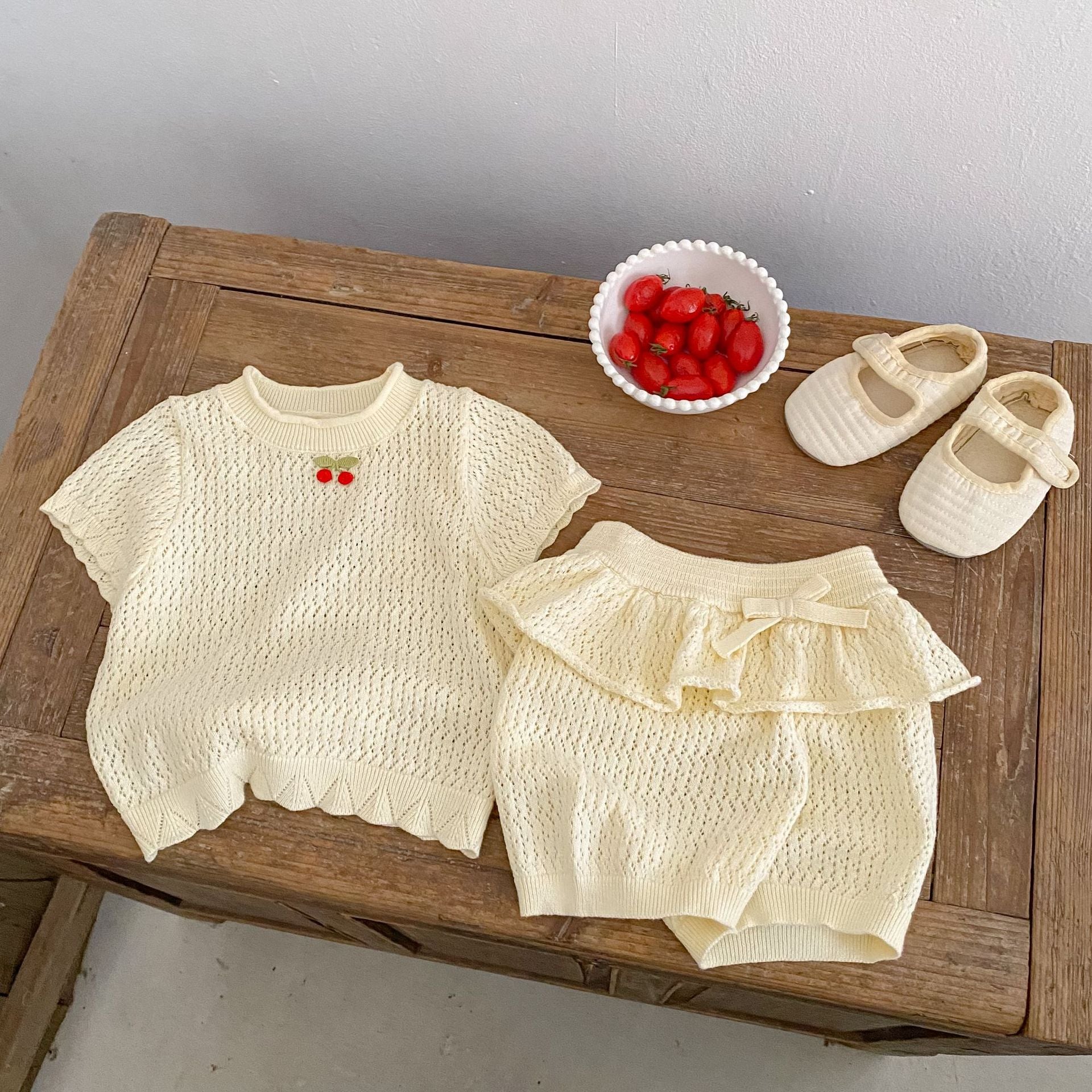 （In Production）Girls Spring&Summer Knitted Ruffle Cherry Dress&Shorts Set