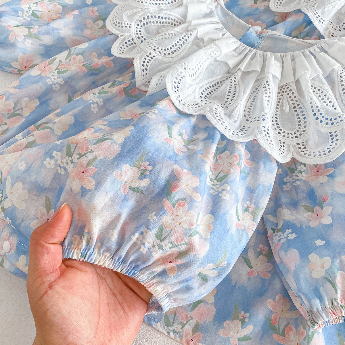 （Pre Order 2 Weeks）Sisters Fall Blue Floral Print Ruffle Collar Dress&Romper